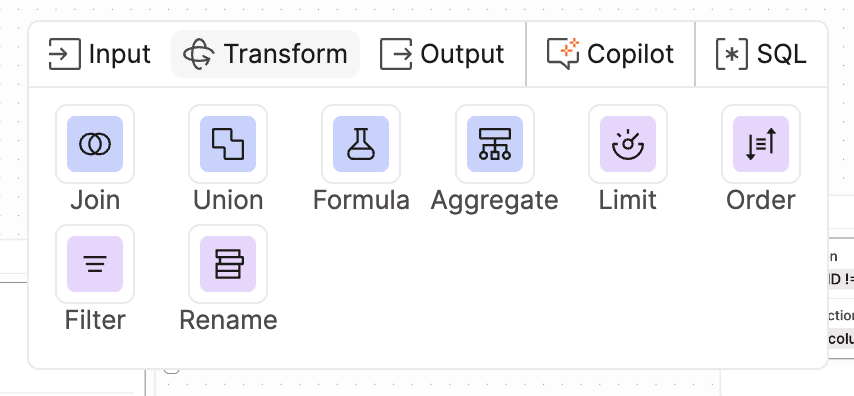 Use the operator toolbar to perform different transformation operations.