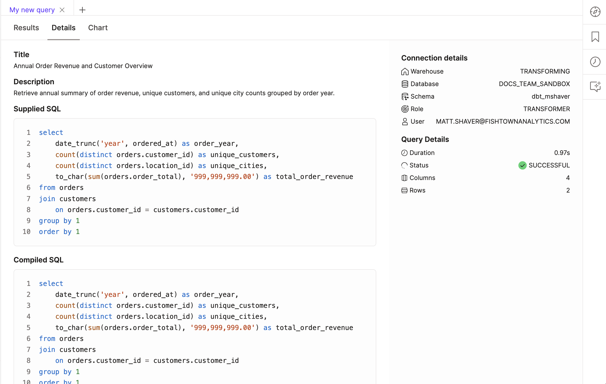 dbt Insights Details tab