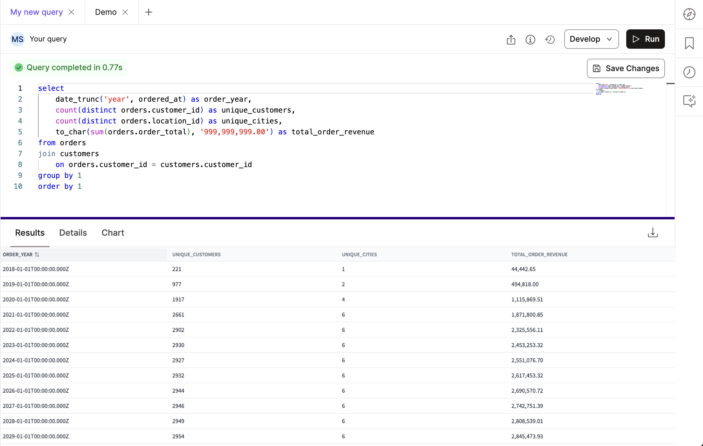 dbt Insights Results tab